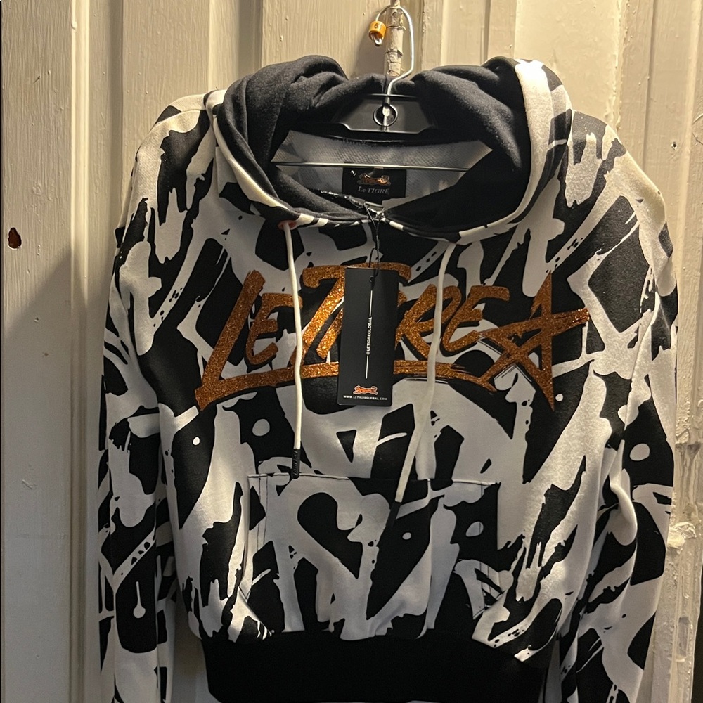 Le Tigre Black and White Crop Top Hoodie with Gold Logo